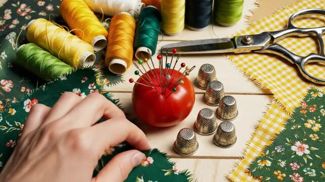 Creative craft studio with sewing accessories including colorful threads, thimbles, pins, and fabric patches on a wooden table.