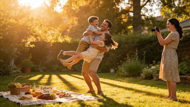 Family playing frisbee at golden hour in lush backyard garden with warm sunlight