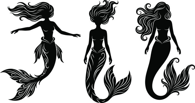 Mermaid silhouette set vector illustration of magical sea creatures isolated on white background for fantasy graphic design elements