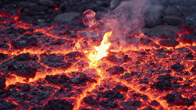 Glowing orange lava cracks with rising smoke and fiery surface textures
