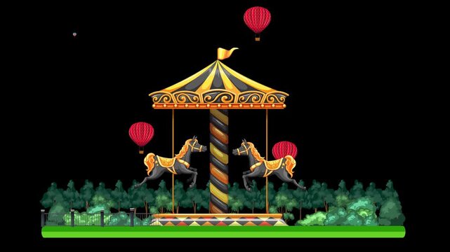 Animated Carousel with Horses and Hot Air Balloons on Black Background