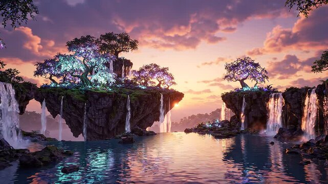 glowing purple trees on floating rock cliffs with cascading waterfalls