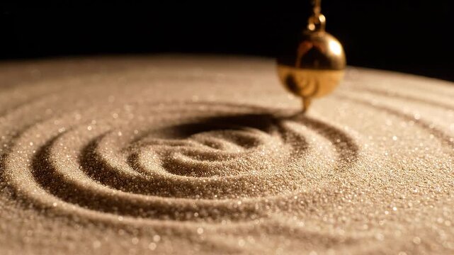 Golden pendulum ball tracing spiral patterns in glittering sand under warm light