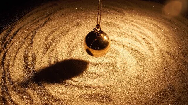 Golden pendulum ball swinging over glittering sand with circular ripples and dark shadow