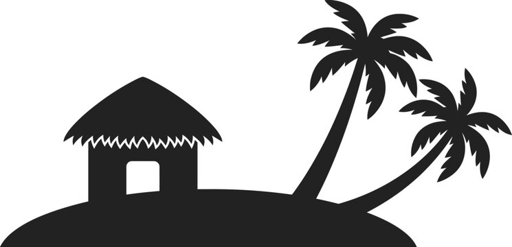 Tropical island with hut and palm trees silhouette vector illustration isolated on white background