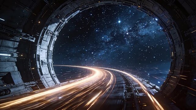 Circular metal space station interior revealing starry galaxy with dynamic light trails