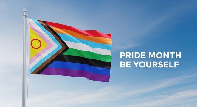 Progress pride flag waving on flagpole against clear blue sky outdoor celebration of lgbtq community rights