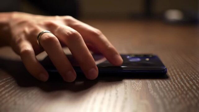 Closeup of a Smartphone Resting on a Wooden Surface with Ambient Lighting