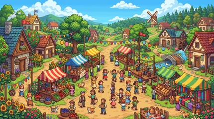 Obraz premium Colorful pixel art village festival scene featuring many tiny people gathered around market stalls on white background