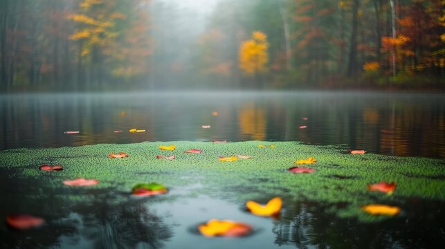 A tranquil autumnal scene of a pond covered in algae with fallen leaves.