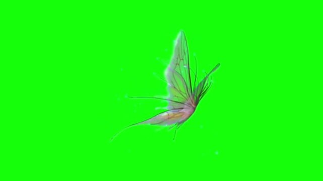 Fairy wings flapping animation on green screen background, side view magical wings with glowing sparkles.