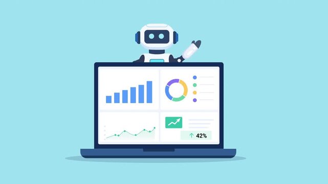 Animated flat design AI analytics dashboard displayed on a laptop with a friendly robot assistant, charts, and performance metrics. Ideal for artificial intelligence, automation, data analysis, and bu