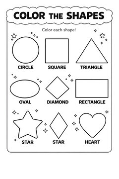 Color the shapes educational worksheet for kids featuring various geometric figures and simple black and white outlines