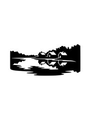 Naklejka premium Minimalist black and white landscape of lakeside cottages with water reflections