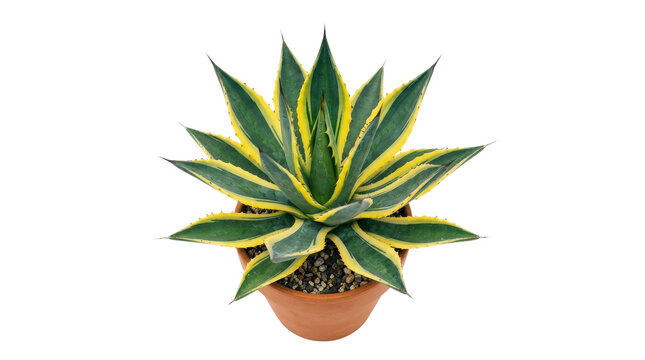 Vibrant agave plant in terracotta pot with geometric background, green