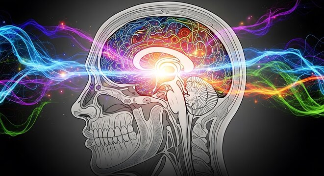 Human brain with colorful neural network connections inside skull.