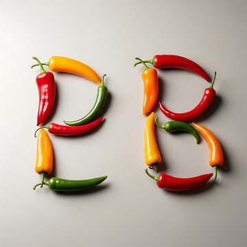 Letters p and b shaped by fresh colorful chili peppers on a simple neutral gray surface for food design. chili pepper font