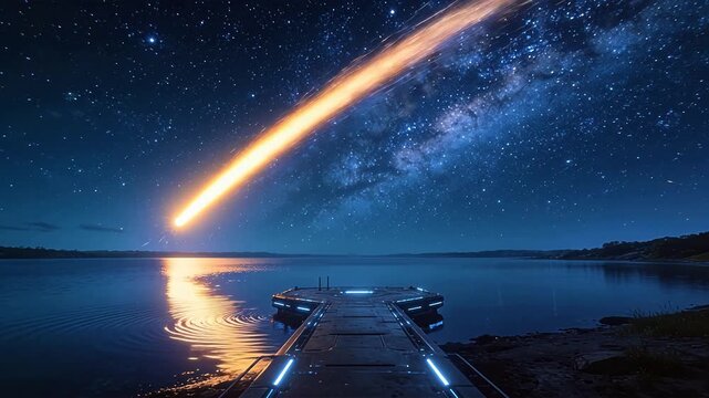 Starry night sky with milky way and meteor over calm lake with illuminated dock
