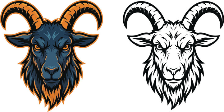 Fierce goat head mascot illustration in color and black and white outline, depicting a powerful ram with large horns and an aggressive expression.