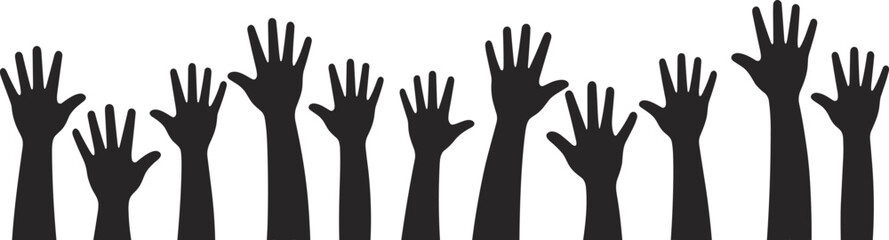 Obraz premium Black Silhouettes of Raised Hands Against White Background arms volunteering