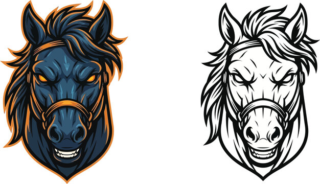 A fierce and powerful horse head mascot illustration in both vibrant color and monochrome outline versions, featuring glowing eyes and an aggressive snarl.