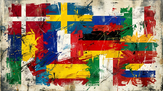 Global football championship abstract grunge background with international flags collage