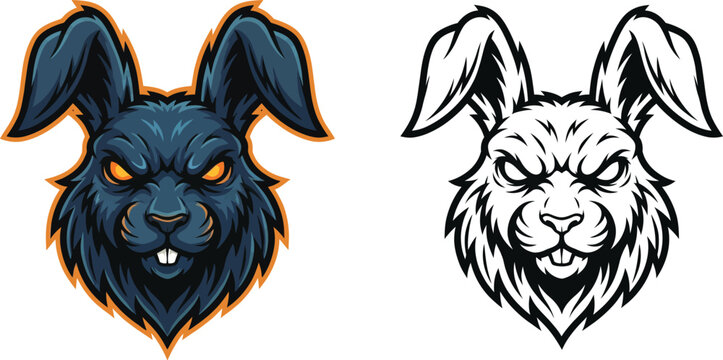 Angry dark blue rabbit head mascot with glowing orange eyes and outline, alongside a black and white line art version, both featuring a fierce expression and prominent teeth.