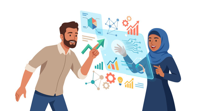 Vector illustration of a diverse team, a bearded man and a woman in a hijab, interacting with a futuristic holographic digital interface featuring business charts, graphs and data.