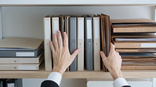 Close-up view of a businessman's hands organizing and searching for documents in ring binders on a shelf.