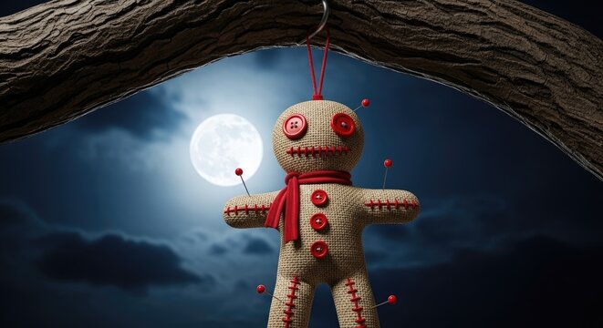 A mysterious voodoo doll hangs from a tree branch under a full moon.
