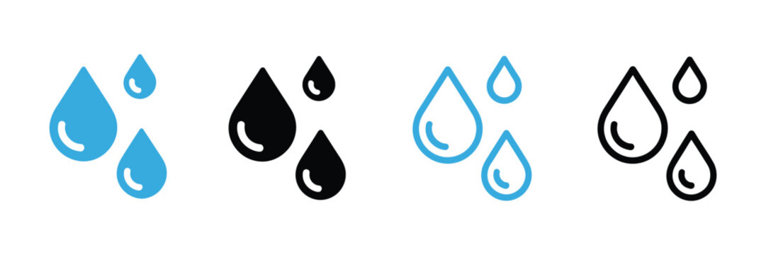 Water drops icon set with minimal droplet illustrations, fresh aqua symbols for hydration, climate, and digital interface applications.