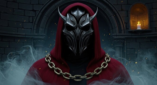 Mysterious figure in red hooded cloak wearing a metal mask stands before a dark stone archway with a lit candle.