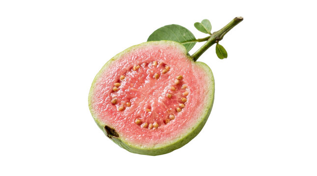 Cross-section of a ripe guava fruit with juicy pink flesh and white seeds