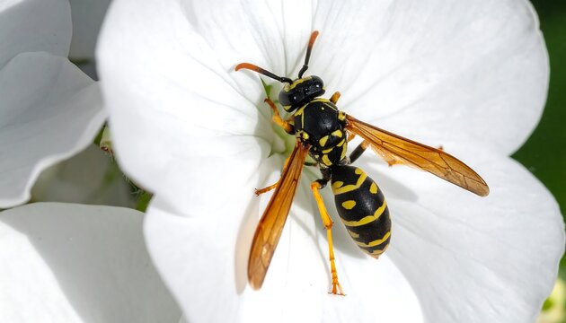 A wasp, sporting yellow and black stripes, rests on a pristine white flower. Its wings are visible. Green bokeh. Close-up nature study