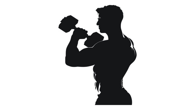 Bodybuilder silhouette lifts a heavy dumbbell to exercise his bicep muscles during a strength training session.