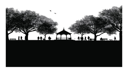 Gazebo stands centered in a public park as people enjoy a peaceful day walking among lush trees. © Adam