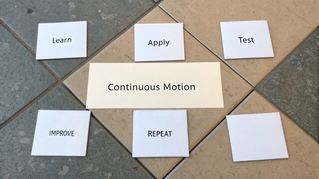 Continuous Motion Concept with White Cards Representing Learning, Testing, Application, and Improvement Process on Tiles