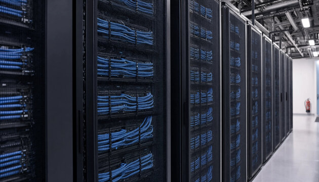Rows of black server racks in a data center with organized blue network cables visible through the mesh doors in a clean room