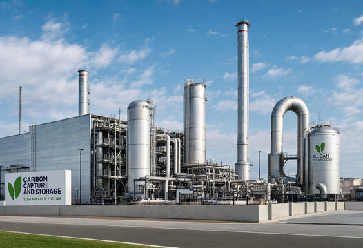 Industrial carbon capture and storage facility with tall metal towers, pipes, and a sign indicating sustainable future technology in daylight