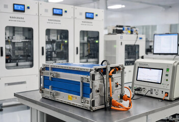 Laboratory setting with a tech battery testing unit on a metal table and automated testing machines in the background, of a facility © JAHANARA BEGUM