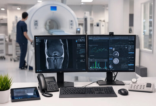 Medical imaging control room with computer monitors displaying knee mri scans and data with a technician operating a scanner in background