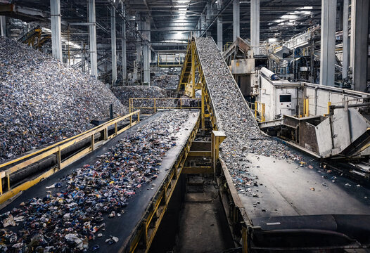 Large industrial waste recycling facility with conveyor belts moving piles of mixed garbage and debris in a sorting plant warehouse interior