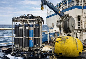 Oceanographic research equipment on the deck of a ship with a large yellow buoy and a water sampling rosette frame for marine exploration © Redoyan