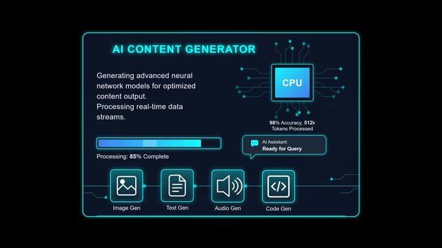 Animation of a futuristic artificial intelligence dashboard interface with data processing and icon menu on a deep black background