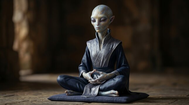 Serene Alien Meditating in a Tranquil Setting