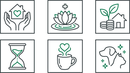 Obraz na płótnie Canvas Set of minimalist line art icons representing home care wellness finance time coffee and pets perfect for web design and app UI elements