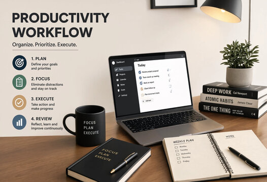 Productivity workflow infographic featuring laptop notebook and coffee mug on desk for planning focusing executing and reviewing daily tasks