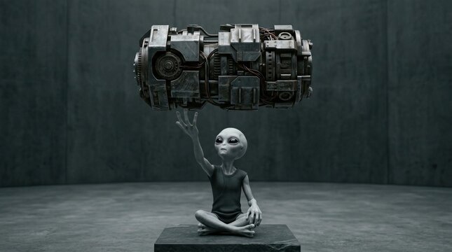 Alien Being with Metallic Object Floating Above in Dark Environment