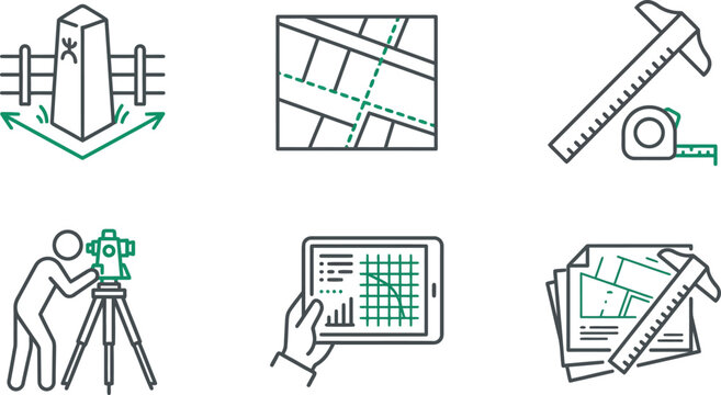Surveying and mapping icons including land survey marker map grid measuring tools and surveyor with equipment for construction and land development concepts