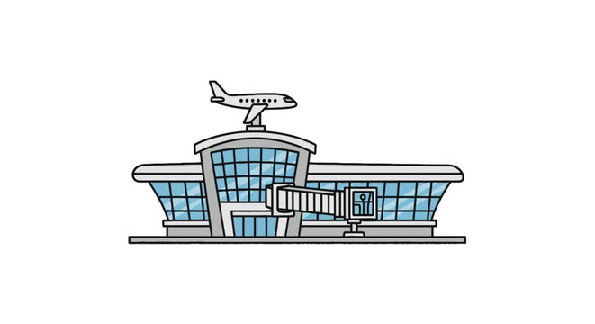 Airport terminal building with airplane on roof and jet bridge
